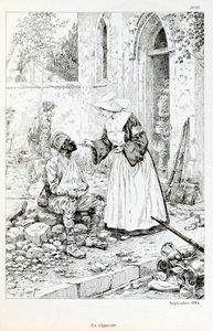 “La Grande Guerre par les artistes” kitabından illüstrasyon: “” La cigarette Septembre 1914””” Jacques Marie Gaston Onfray de Breville dit JOB (1858-1931), Kısmi Koleksiyon tarafından yaralı bir askere sigara verilmesi dini by pseudonym for Onfray de Breville Jacques Job