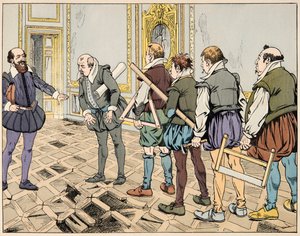 “Le bon roy Henri” kitabından çizim, Jacques Marie Gaston Onfray de Breville dit JOB (1858-1931): Sully (Maximilian de Bethune) ciddi bir ekonomi gösteriyor - Özel koleksiyon by pseudonym for Onfray de Breville Jacques Job