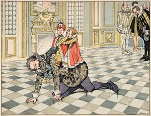 Jacques Marie Gaston Onfray de Breville dit JOB (1858-1931) tarafından resmedilen “Le bon roy Henri” kitabından illüstrasyon: IV. Henri, İspanyol büyükelçisinin önünde çocuklarıyla oynuyor - Özel koleksiyon by pseudonym for Onfray de Breville Jacques Job