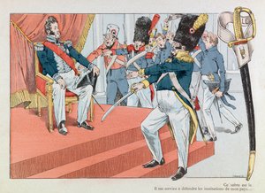Jacques Marie Gaston Onfray de Breville, JOB (1858 - 1931); “” Les epees de France” kitabından alınan illüstrasyon: Louis Philippe (1773-1850) tahtta (Henri Monnier Ulusal Muhafız nişanını alıyor “” Bu kılıç en güzel by pseudonym for Onfray de Breville Jacques Job