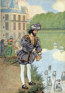 Oyuncaklarda Fransa tarihinin sahnesi: Fransa Kralı I. François (1494-1547), Fontainebleau parkındaki balıklara ekmek verir. “” Joujoux a l