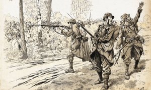 Vur onları! 1914-1918 savaşının Fransız askerleri, düşmanın gücünü ve tam yerini tanımak için devriyeye gönderildi. Alman birliklerini bulduktan sonra, ateşler arasında kalma endişesi duymadan ateş emrini verdiler. İş Resmi (J by pseudonym for Onfray de Breville Jacques Job