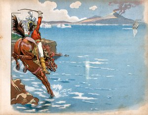 İngilizler, devletinin kıyılarında sürdüler ve deniz kıyısında ata binerken, Napoli kralı Joachim Murat (1767-1815), bir İngiliz firkateyni gördü, atını suya itti ve hücum etti. Jacques Marie Gaston Onfray de Breville tarafından gravür by pseudonym for Onfray de Breville Jacques Job