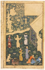 Çift sayfalık bir albüm folyosunun sol tarafı: Kraliyet Kampı Dışında (rekto) by style of Bihzad