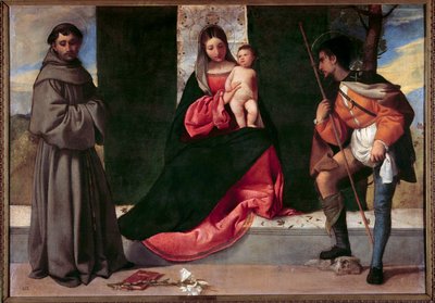 Saint Anthony of Padua (san antonio di padova) ve Saint Roch arasındaki Bakire ve Çocuk Giorgio Barbarelli da Castelfranco dit Giorgione (1477-1510). 16. yüzyıl Güneşi. 0,92x1,33 m Madrid, Prado Müzesi by Giorgione