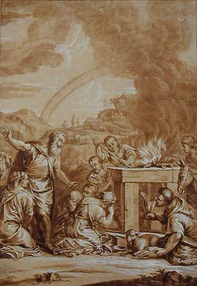 Tufandan Sonra Nuh, Elishah Kirkhall (1682-1742) tarafından oyulmuş (renkli taş) by Veronese