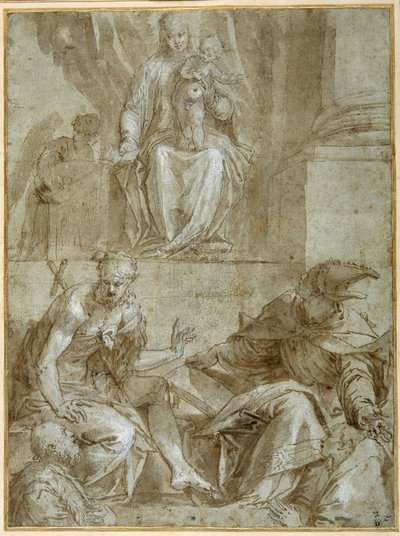 Bakire ve Çocuk, Vaftizci Yahya ile tahta çıktı, c.1548 (kalem, siyah mürekkep ve kağıt üzerinde kahverengi yıkama) by Veronese