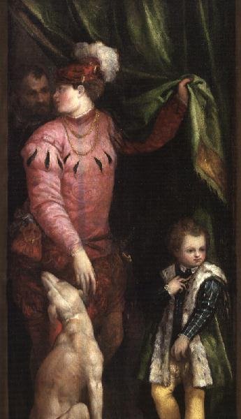 Şık giyimli bir çocuk ve tazı olan bir genç by Veronese