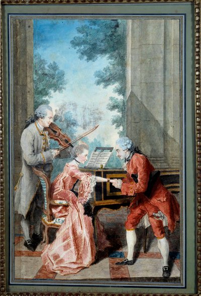 Matmazel Delou, Mösyö Philippe ve Mösyö de Texier Bir beyefendi genç bir piyaniste saygılarını sunar. Louis Carrogis tarafından suluboya, dit Carmontelle (1717-1806) 18. yüzyıl Paris, Musee Carnavalet - Mademoiselle Delou, Mösyö Philippe ve Mösyö d by Carmontelle