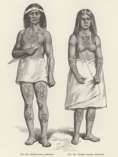 Dövmeli Haida kadın ve erkek (gravür) by (after) American School