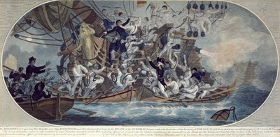 Majestelerinin son gemisi Hermione'nin (şimdi İntikam) 25 Ekim 1799'a yanaşması ve yakalanması, Roffe tarafından oyulmuş (renkli gravür) by (after) Elms