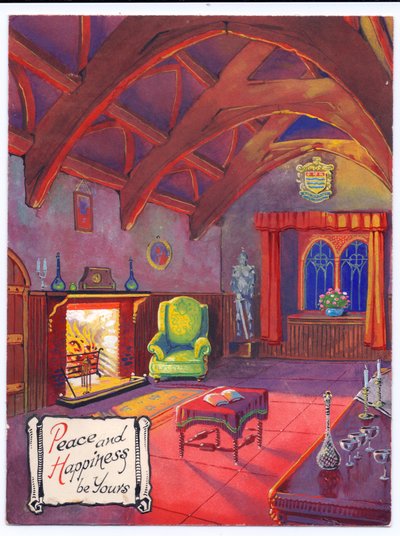 1953 dolaylarında bir baronluk salonunda kükreyen bir yangının Noel kartı için orijinal sanat eseri by (after) English School