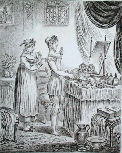 Progress of the Toilet: the Stays, James Gillray (1757-1815) tarafından kazınmış, 1810