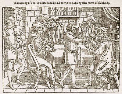 Tho'nun yanması. Tomkins'in eli, kısa bir süre sonra vücudunu da yakmış olan B. Boner tarafından, HDM Spence-Jones tarafından yazılan 'The Church of England: A History for the People'dan bir örnek, pub. c.1910 (lito) (sepya fotoğrafı) by (after) English School