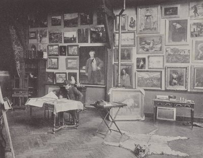 Fransız ressam Alfred Philippe Roll stüdyosunda (s/b fotoğraf) by (after) French Photographer
