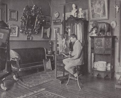 Fransız ressam Henri Gervex stüdyosunda (s/b fotoğraf) by (after) French Photographer