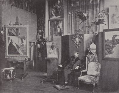 Fransız ressam Pascal Dagnan-Bouveret stüdyosunda (s/b fotoğraf) by (after) French Photographer
