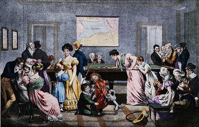 Pazar tarafından oyulmuş on dokuzuncu yüzyılda bilardo salonu (renkli taş) by (after) French School