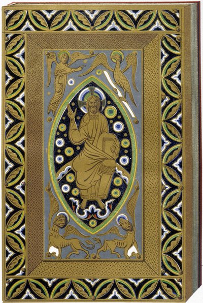 4 evangelistin (Tetramorf) sembolleriyle Mandorla'da İsa. 13. yüzyıldan kalma bir emaye ciltlemeyi yeniden üreten litografi. by (after) French School
