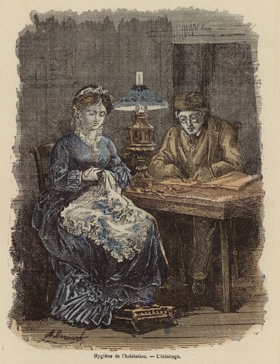 Evdeki sağlıklı aydınlatma seviyesi (renkli gravür) by (after) French School