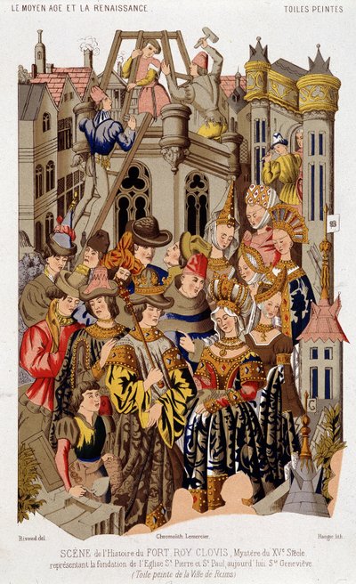 Fort Roy de Clovis tarihinin sahnesi. Bugün Saint Genevieve olan St. Peter ve St. Paul Kilisesi'nin temelini temsil eden 15. yüzyılın gizemi. (dan) Reims şehrinin boyalı tuvali. by (after) French School