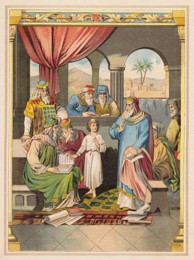 İsa Tapınakta Yaşlılarla Birlikte (renkli taş baskı) by (after) German School