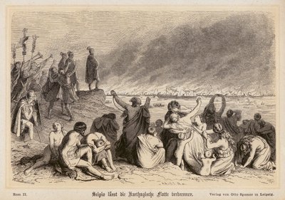 Scipio Africanus Kartaca filosunu yakıyor (gravür) by (after) German School