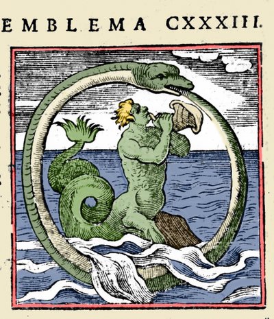 Bir triton ve bir ouroboros, Andrea Alciati (renkli taş) tarafından "Amblemler" (kitapçığın Amblemleri) illüstrasyonu by (after) Italian School