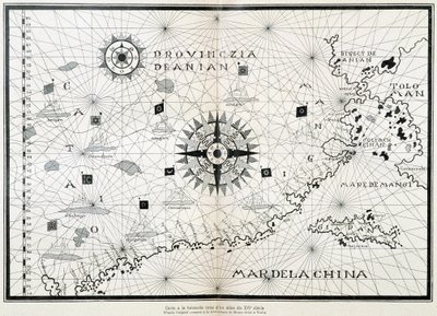 Venedik'teki Museo Civico kütüphanesinde korunan orijinaline dayanan 16. yüzyıldan kalma bir atlastan pusula haritası by (after) Italian School