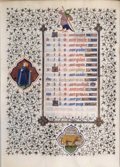 Boucicaut Ustası tarafından aydınlatılan “Les Tres Riches Hours du Duke Francois de Guise” adlı el yazmasının sayfası: zodyak işaretleri ve günlük yaşam sahnelerinin temsili: boğa. 15. yüzyıl. Musee Conde, Chantilly by (and workshop) Boucicaut Master