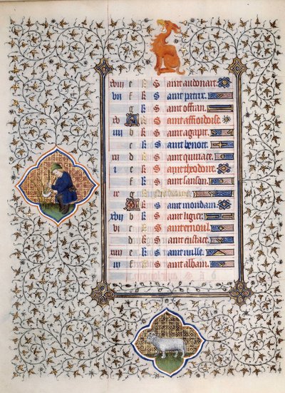 Boucicaut Ustası tarafından aydınlatılan “Les Tres Riches Hours du Duke Francois de Guise” adlı el yazmasının sayfası: Zodyak işaretleri ve günlük yaşam sahnelerinin temsili: inanan ve hasır biçen bir adam. 15. yüzyıl. Musee Conde, Chantilly by (and workshop) Boucicaut Master