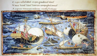 Yelkenli gemiler, Aeneid için illüstrasyon, Virgil'in (MÖ 70-19) epik şiiri, Apollonio di Giovanni'ye (1415-1465) atfedilen minyatür by (attr. to) Apollonio di Giovanni