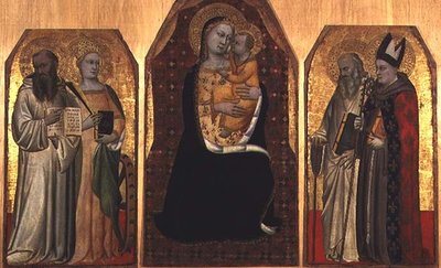 Üç Parçalı: Dört aziz tarafından kuşatılmış Madonna ve Çocuk (panelde tempera) by (attr to) Puccio di Simone