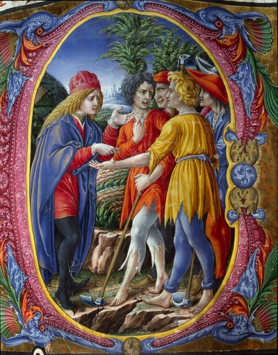 Katil şarap üreticilerinin meselini temsil eden decoree lettrine (Aziz Matta Matta 21, 33-43