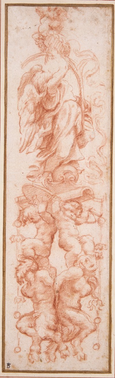 Bir kasanın kaburgası için grotesk dekorasyon (beyaz kağıt üzerine kırmızı tebeşir) by (c.1489 1534) Correggio