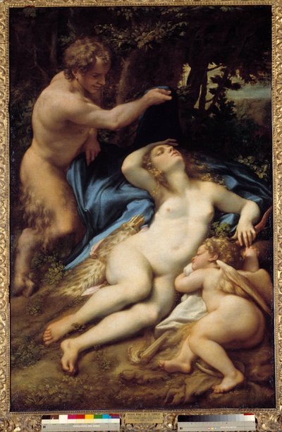 Antonio Allegri (Correggio veya Le Correge 1489-1534 olarak bilinir) tarafından Venüs, Satyr ve Aşk Tanrısı Tablosu 1525 Güneş. 1.88x1.25m by (c.1489 1534) Correggio
