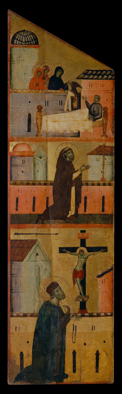 Blessed Andrea Gallerani'nin Diptych'i: Kutsal kadınlar St.Reginald'e görünür, Dominic St.Reginald'in iyileşmesi için dua eder ve Gallerani çarmıhtan önce dua eder, sol panelin içinde, c.1270 (ahşap üzerine resim) by (workshop of) Guido da Siena