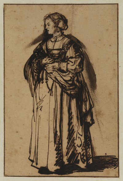 Sanatçının eşi Saskia ayakta ve elinde çiçekler tutuyor by (workshop of) Rembrandt Harmensz. van Rijn