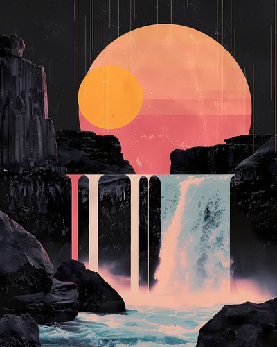 Kırmızı gün batımında minimalist şelale, çerçeveli posterler, online kanvas tablo baskıları by F. Abderrahim
