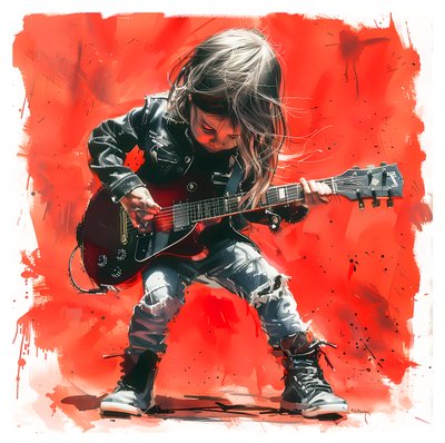 Rock elektro gitar çalan bir çocuk, Satılık müzik sanatı tabloları, kanvas tablo baskıları by F. Abderrahim