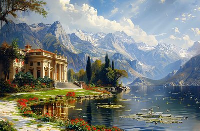 Şehir manzarası resmi: Duvar dekorasyonu için Antik Yunan tarzı villa ve göl by F. Abderrahim