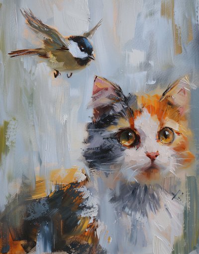 Soyut yağlı boya: turuncu ve gri calico kedi ve kuş duvar sanatı baskıları by F. Abderrahim