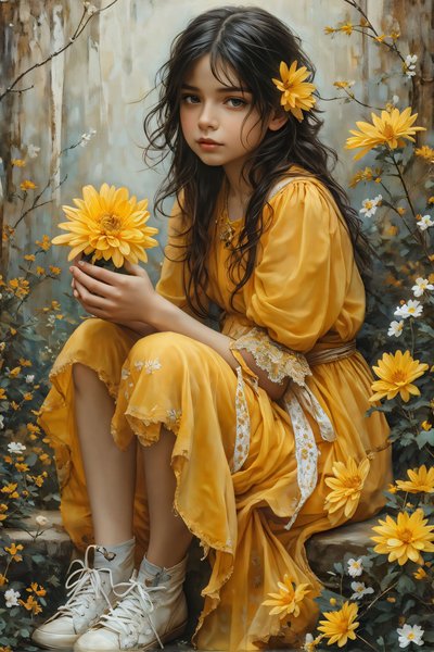masum Manzarada çiçek tutan güzel kız doğa  güzellik sanat baskıları by F. Abderrahim