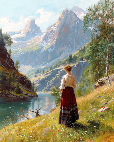 19. yüzyılın hanımı dağların arasında yeşil bir vadide duruyor by F. Abderrahim