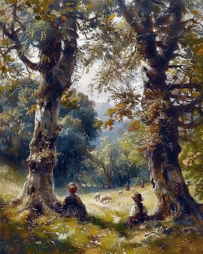 Ormanda ağaçların altında oturan çocuklar, modern duvar dekoru by F. Abderrahim