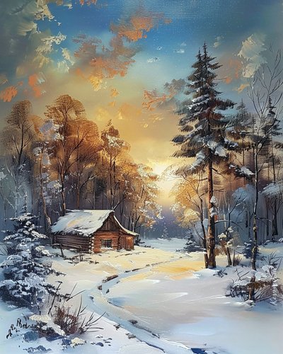 Ormanın ve karın ortasında kulübe, kış manzarası duvar dekoru by F. Abderrahim
