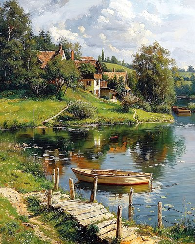 Nehrin ve geleneksel bir köyün yanına demirlemiş ahşap bir tekne by F. Abderrahim