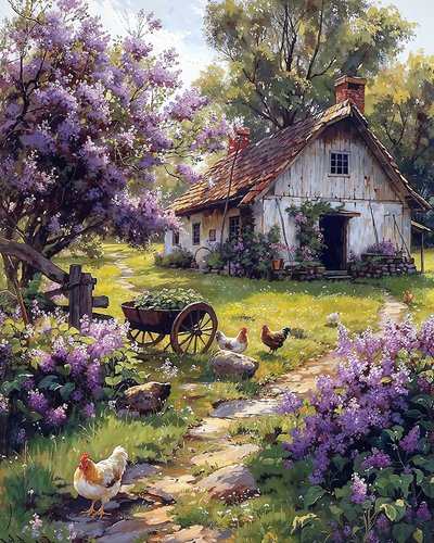 Ahşap kabin bahçesinde çiçekler ve kümes hayvanları, oturma odası için duvar dekoru by F. Abderrahim
