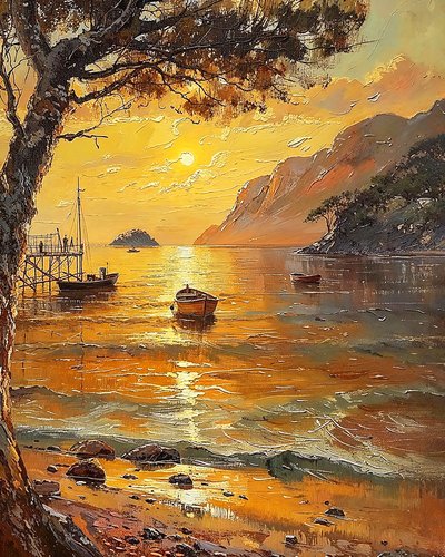 Plaj ve tekneler, akşam gün batımı, Satılık Duvar Dekoru by F. Abderrahim