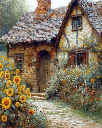 Ayçiçekli bir ortaçağ evinin bahçesi, duvar dekor fikirleri by F. Abderrahim